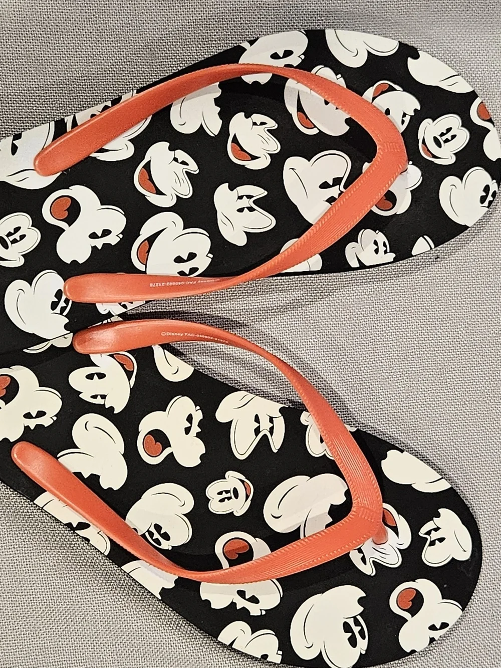 Disney Black Flip Flops with White Mickey Faces and Coral Straps NEW WITHOUT TAG